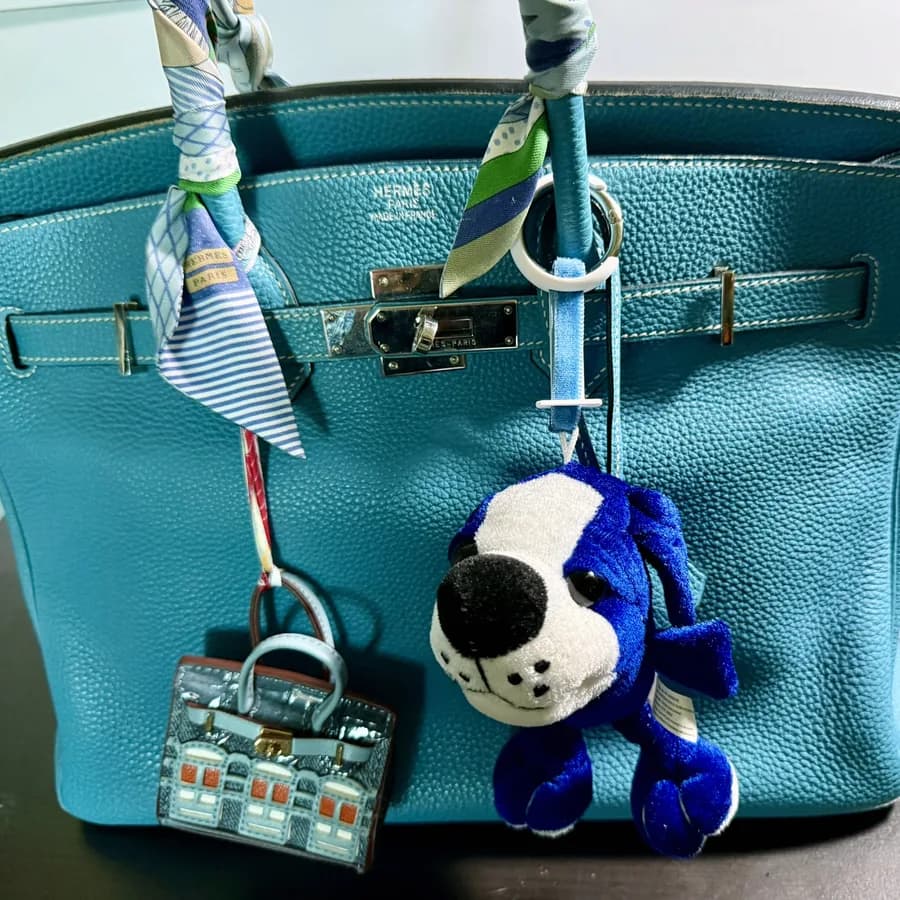 Printed clips and charms hanging from a teal handbag