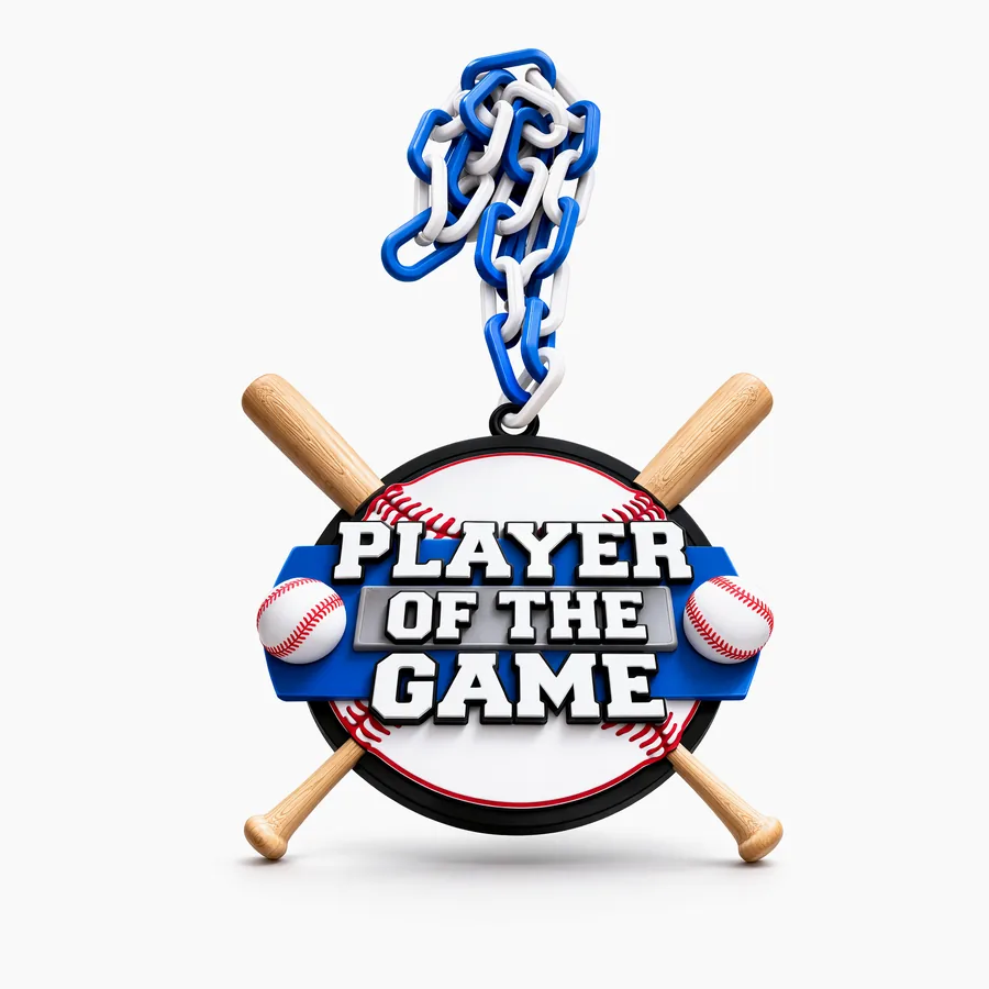 Player of the Game baseball medallion on a blue print-in-place chain