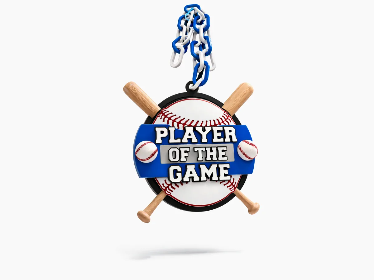 Baseball Player of the Game medallion with crossed bats